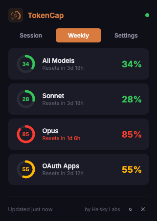 TokenCap weekly breakdown showing per-model usage